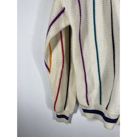 Vintage OP Cardigan Sweater Mens Large Rainbow Stripe White Chunky Knit Grandpa - Picture 7 of 13